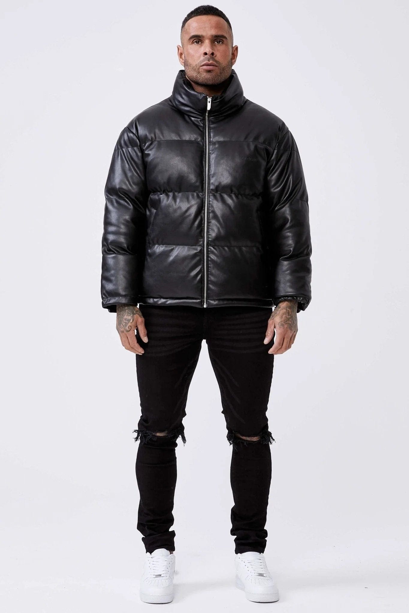 Black leather bubble jacket hotsell