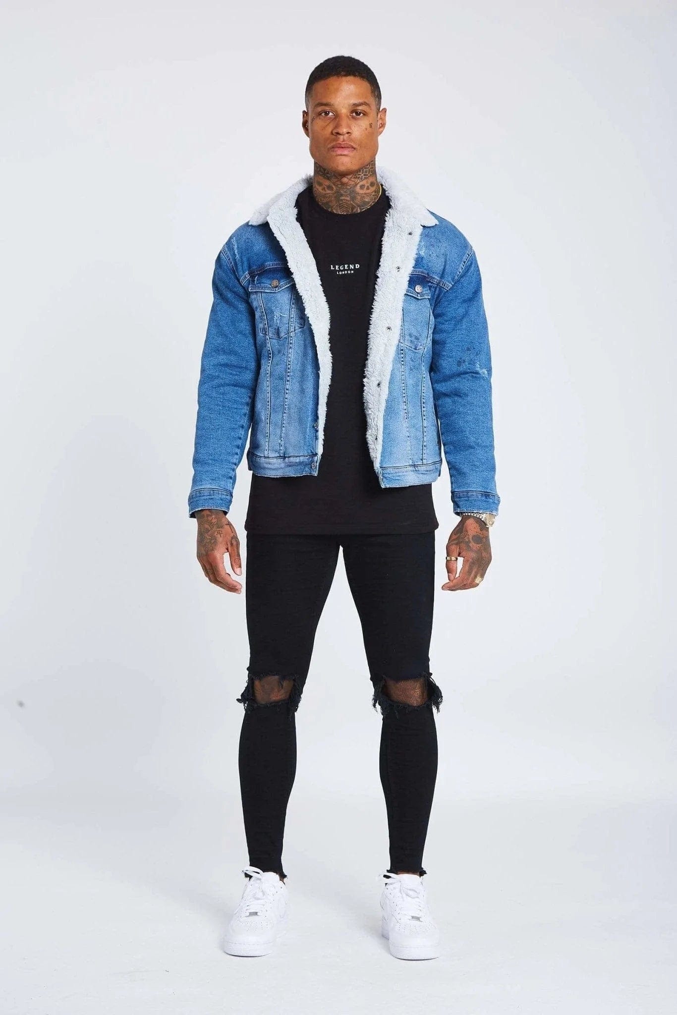 Legend London Jackets Mid Blue Wash Denim Jacket - Faux Fur Lined