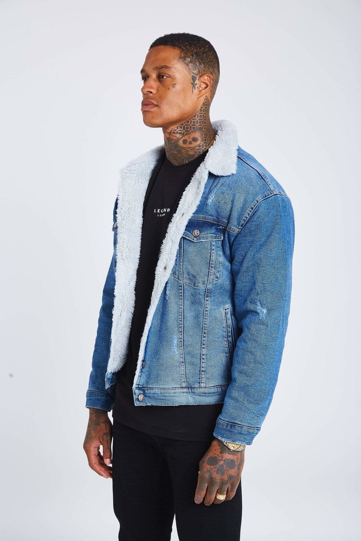 Legend London Jackets Mid Blue Wash Denim Jacket - Faux Fur Lined