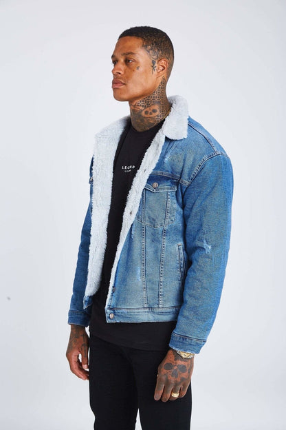 Legend London Jackets Mid Blue Wash Denim Jacket - Faux Fur Lined