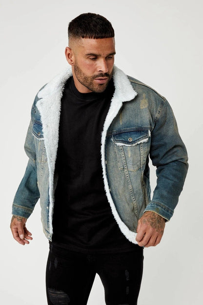 STONE WASHED DENIM JACKET FAUX FUR LINED Legend London