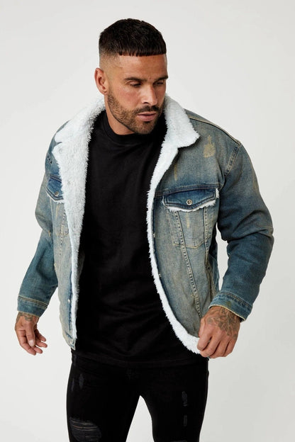 Legend London Jackets Stone Washed Denim Jacket - Faux Fur Lined