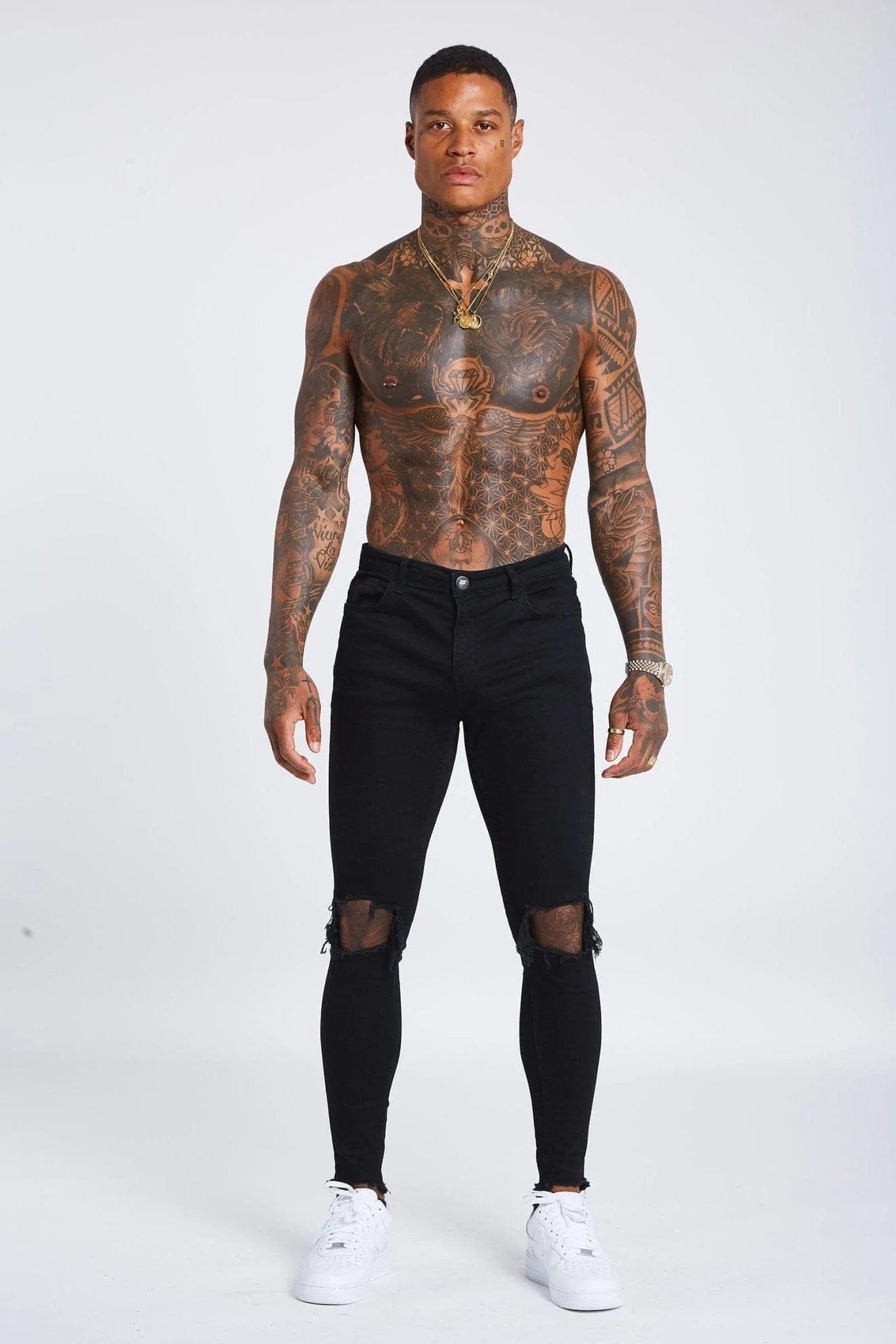 SKINNY FIT JEANS DESTROYED KNEE BLACK Legend London