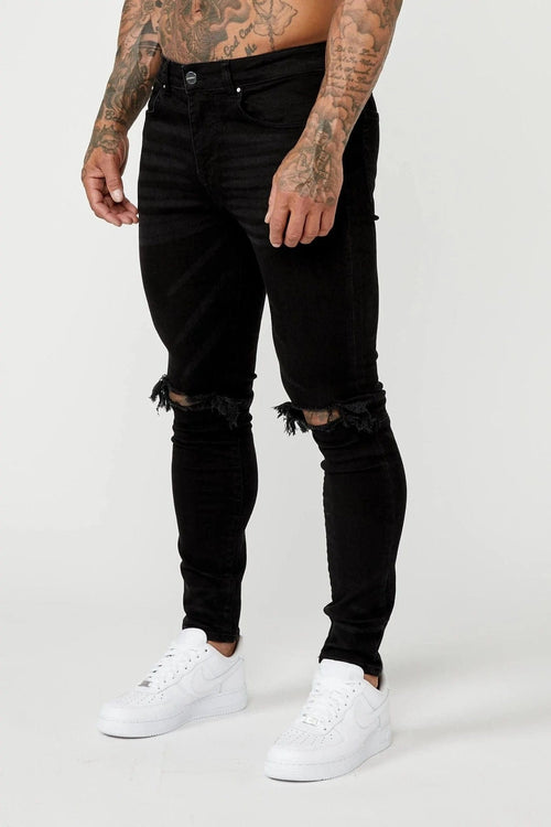Legend London Jeans PREMIUM SKINNY FIT JEANS - BLACK DESTROYED KNEE