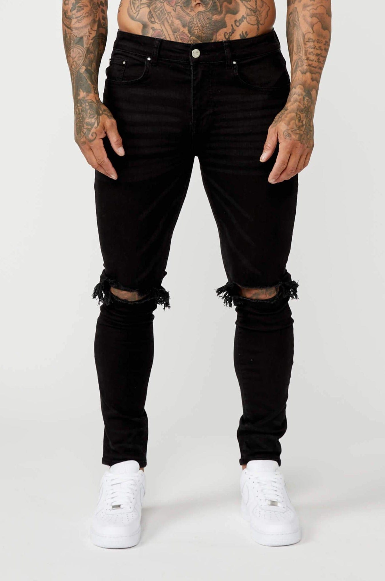 Legend London Jeans PREMIUM SKINNY FIT JEANS - BLACK DESTROYED KNEE