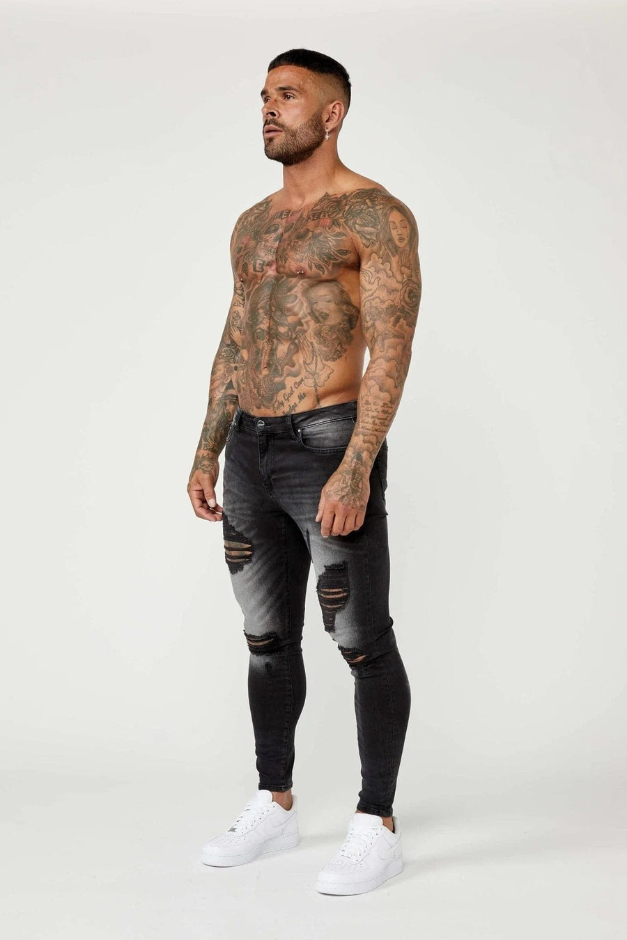 Legend London Jeans PREMIUM SPRAY-ON FIT JEANS - GREY WASHED RIPPED & REPAIRED