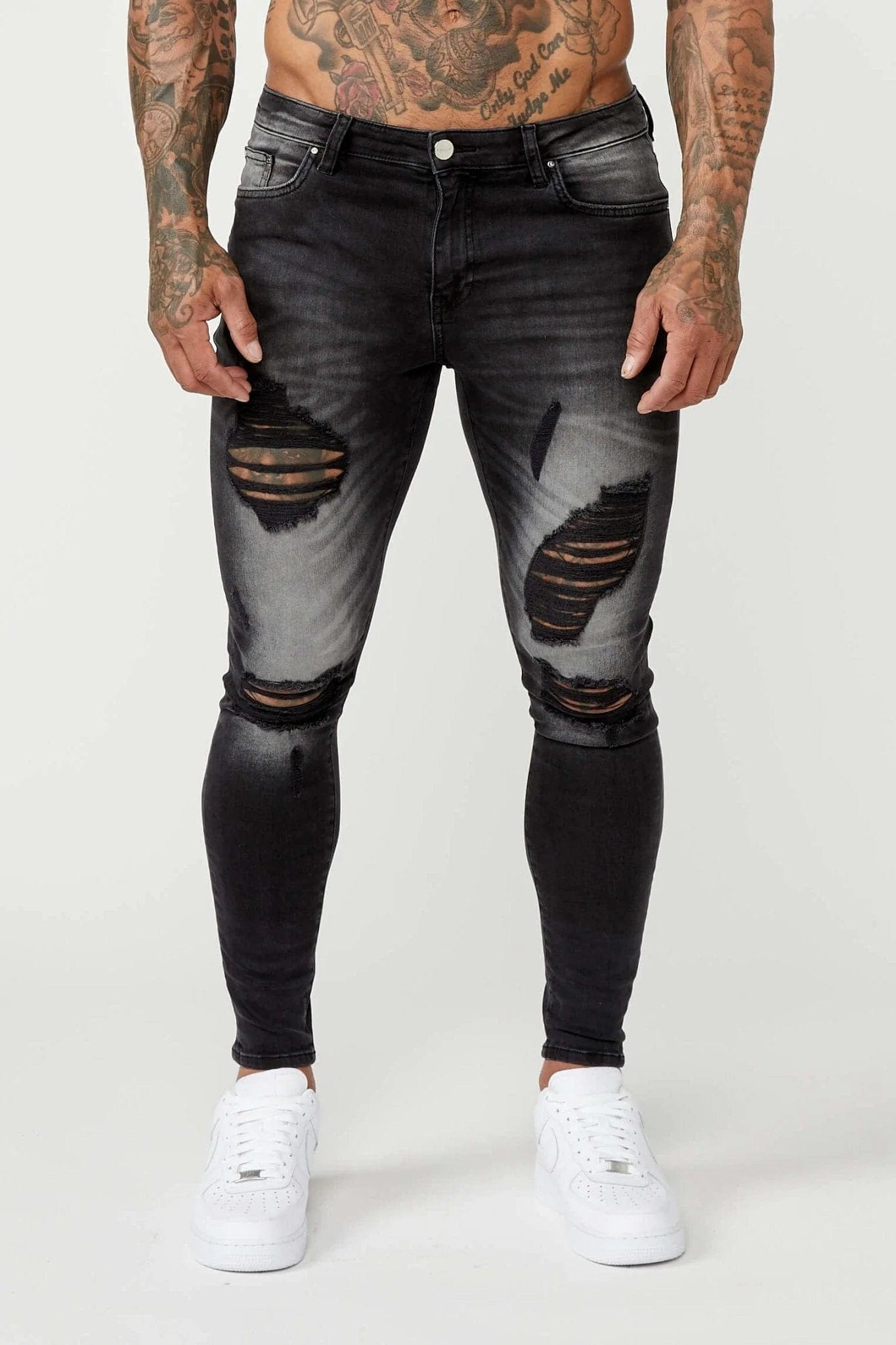 Legend London Jeans PREMIUM SPRAY-ON FIT JEANS - GREY WASHED RIPPED &amp; REPAIRED