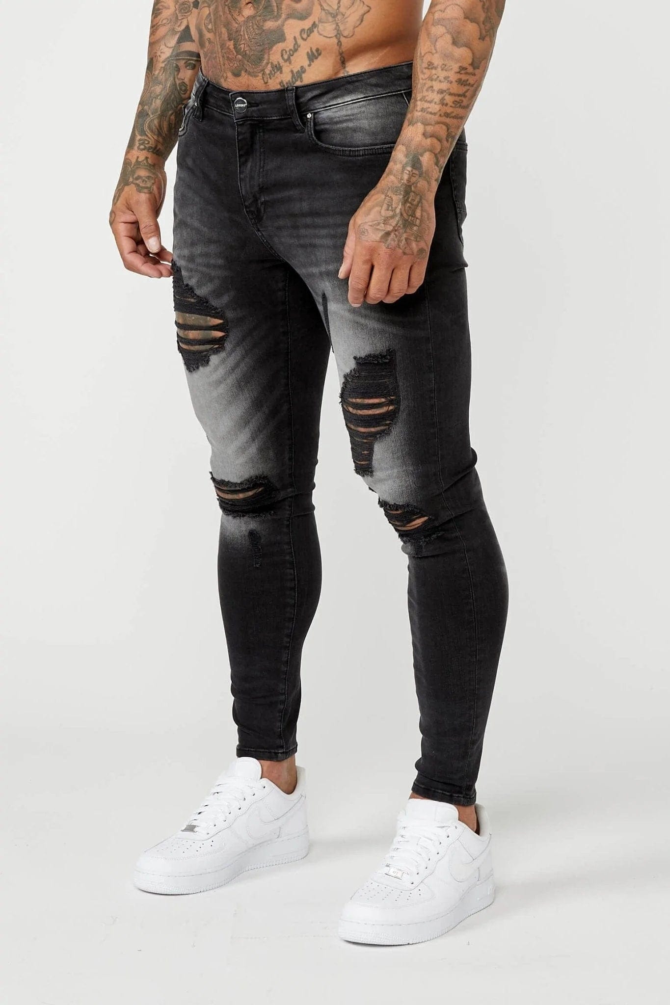 Legend London Jeans PREMIUM SPRAY-ON FIT JEANS - GREY WASHED RIPPED &amp; REPAIRED