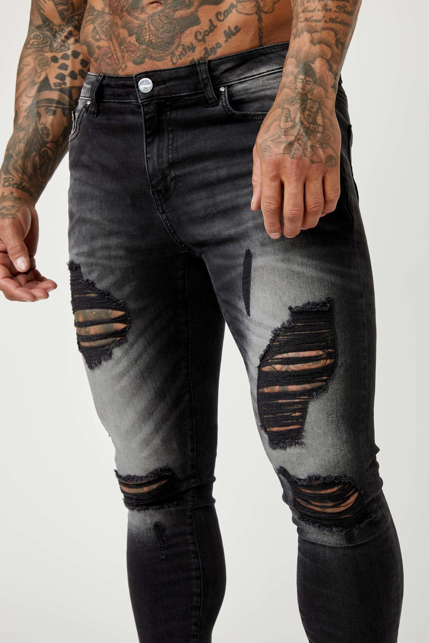 Legend London Jeans PREMIUM SPRAY-ON FIT JEANS - GREY WASHED RIPPED &amp; REPAIRED