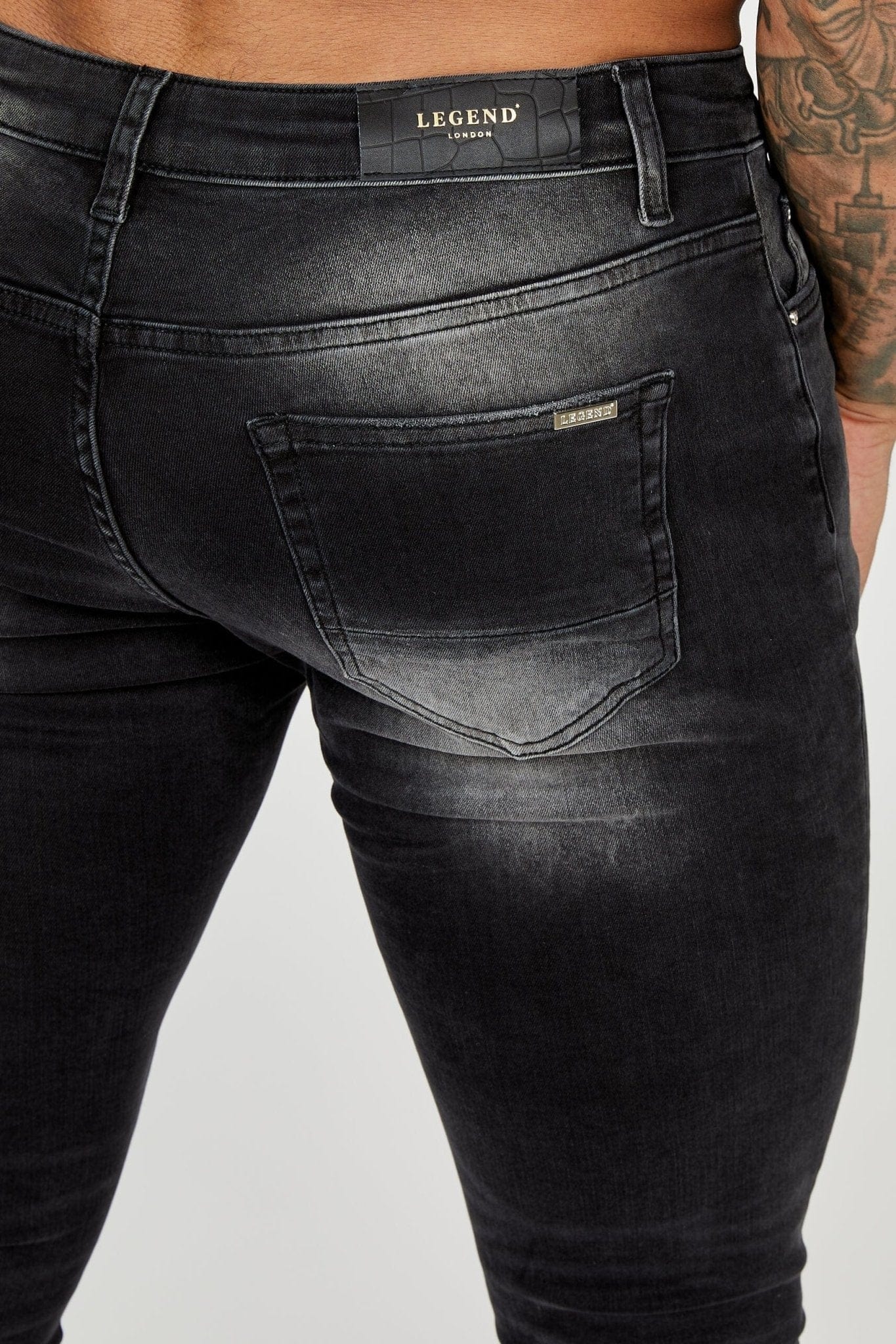 Legend London Jeans PREMIUM SPRAY-ON FIT JEANS - GREY WASHED RIPPED &amp; REPAIRED