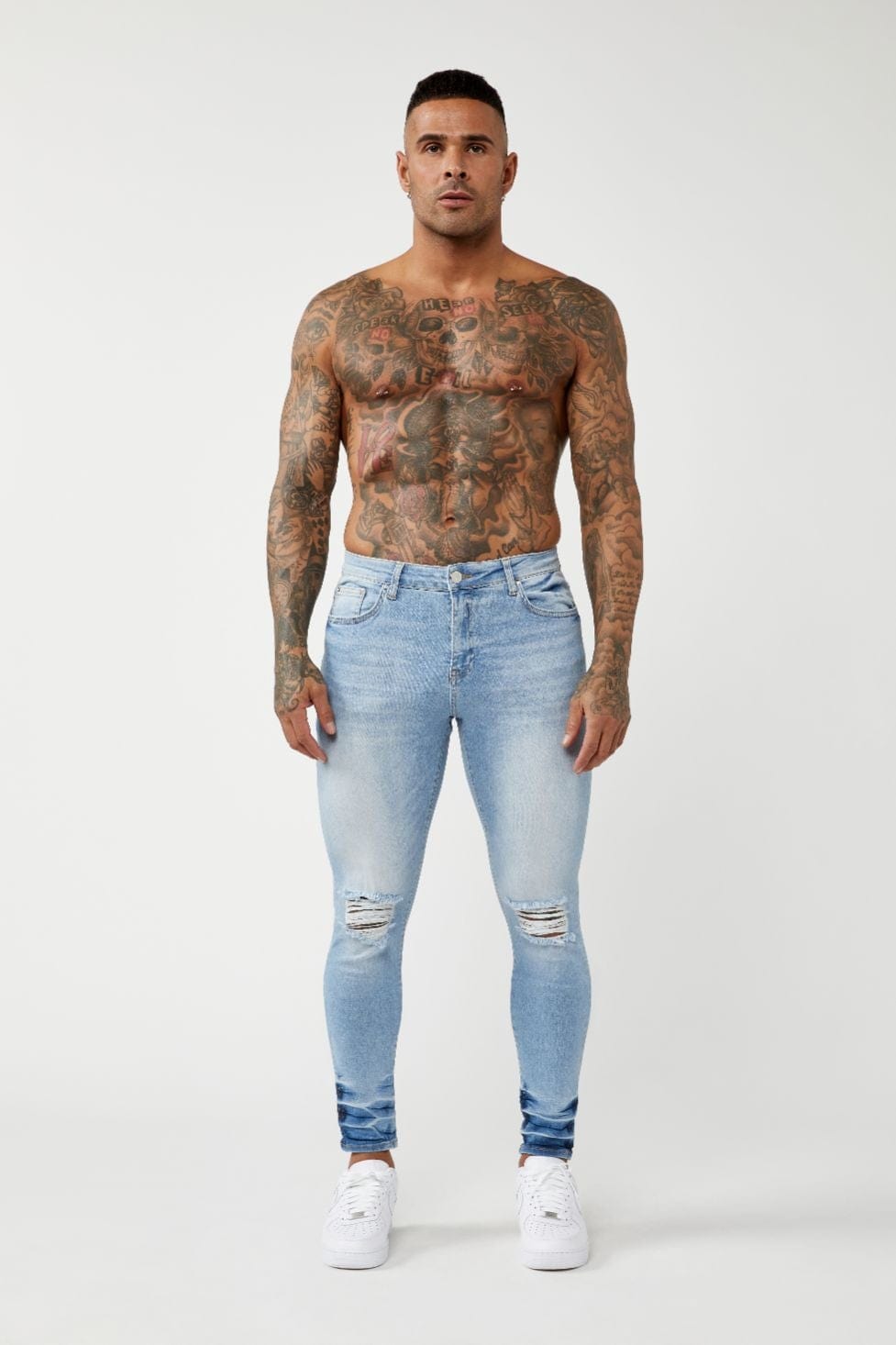 Legend London Jeans PREMIUM SPRAY-ON FIT JEANS - LIGHT BLUE RIPPED KNEE