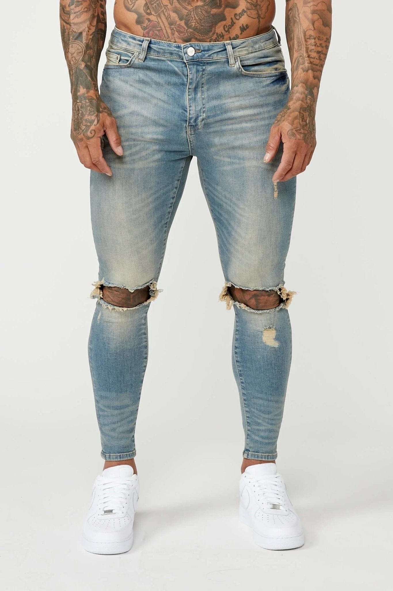 Legend London Jeans PREMIUM SPRAY-ON FIT JEANS - STONE WASH DESTROYED KNEE