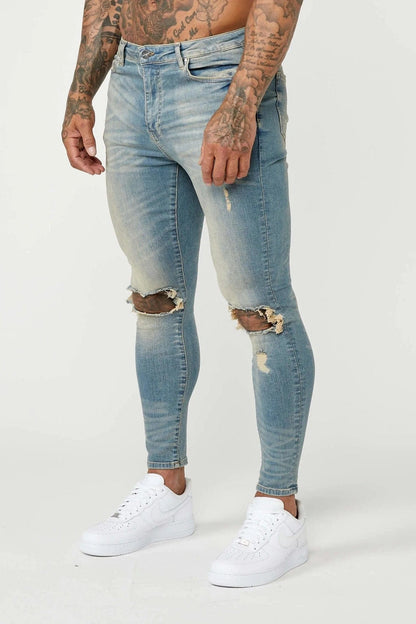 Legend London Jeans PREMIUM SPRAY-ON FIT JEANS - STONE WASH DESTROYED KNEE