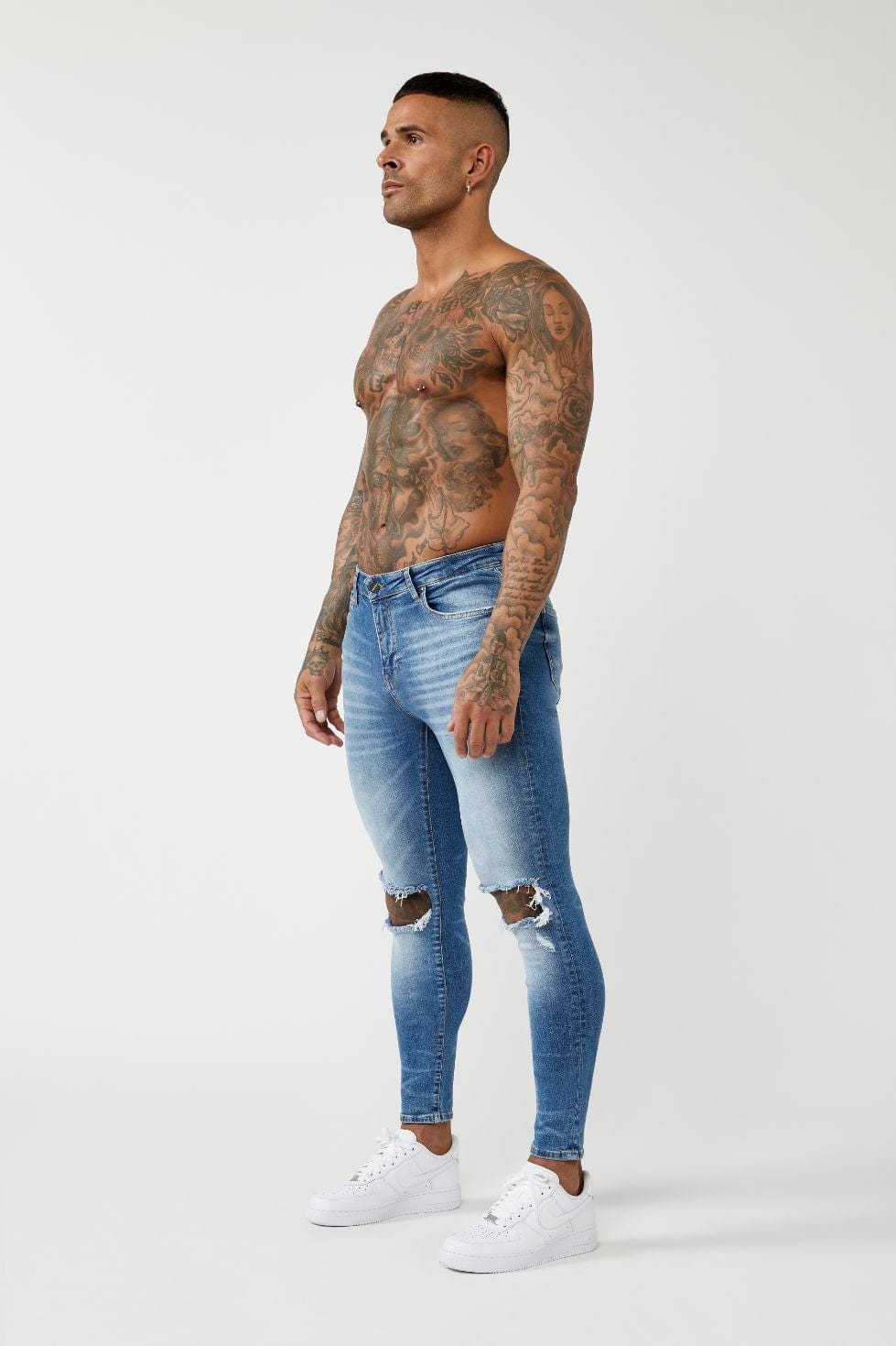 Legend London Jeans PREMIUM SPRAY-ON FIT - MID BLUE WASH DESTROYED KNEE