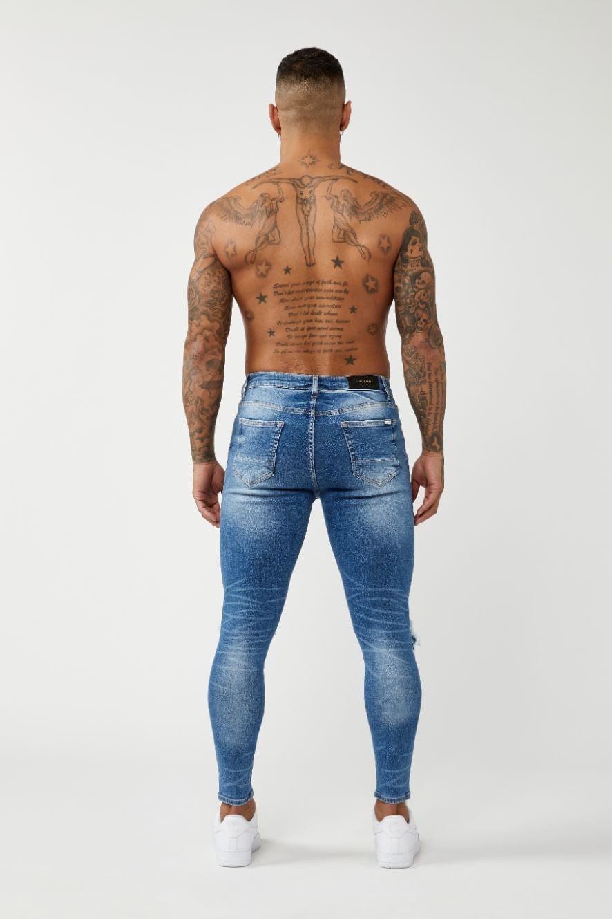 Legend London Jeans PREMIUM SPRAY-ON FIT - MID BLUE WASH DESTROYED KNEE