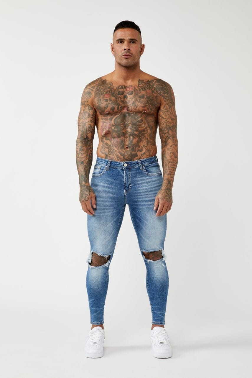 Legend London Jeans PREMIUM SPRAY-ON FIT - MID BLUE WASH DESTROYED KNEE