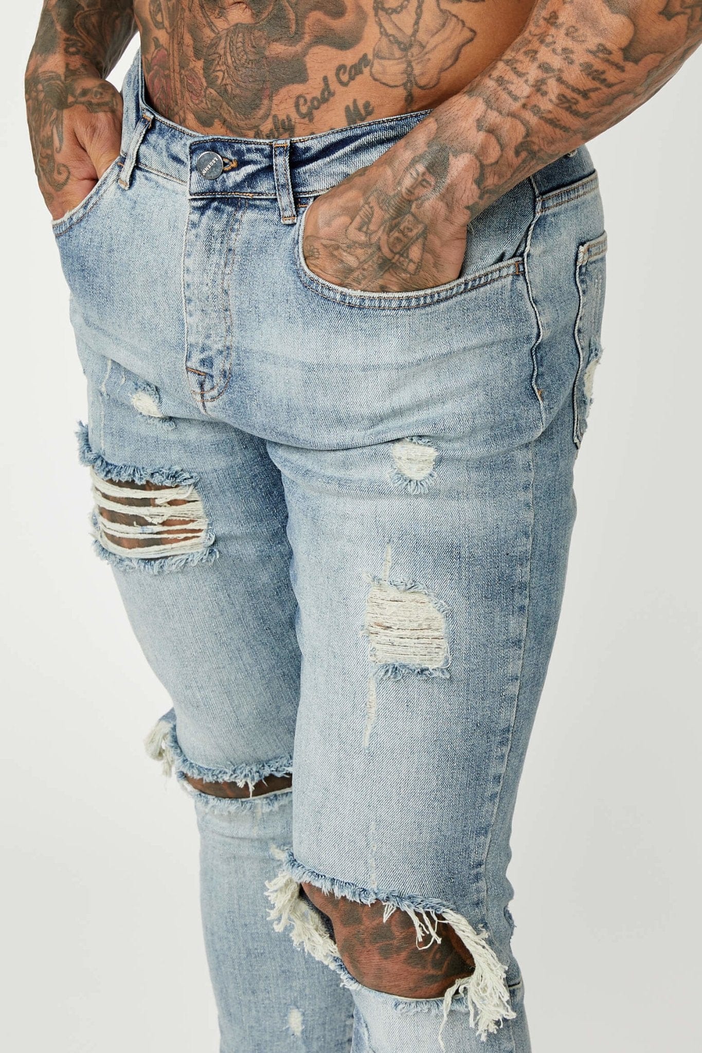 Legend London Jeans SKINNY FIT JEANS - MID BLUE RIPPED &amp; REPAIRED