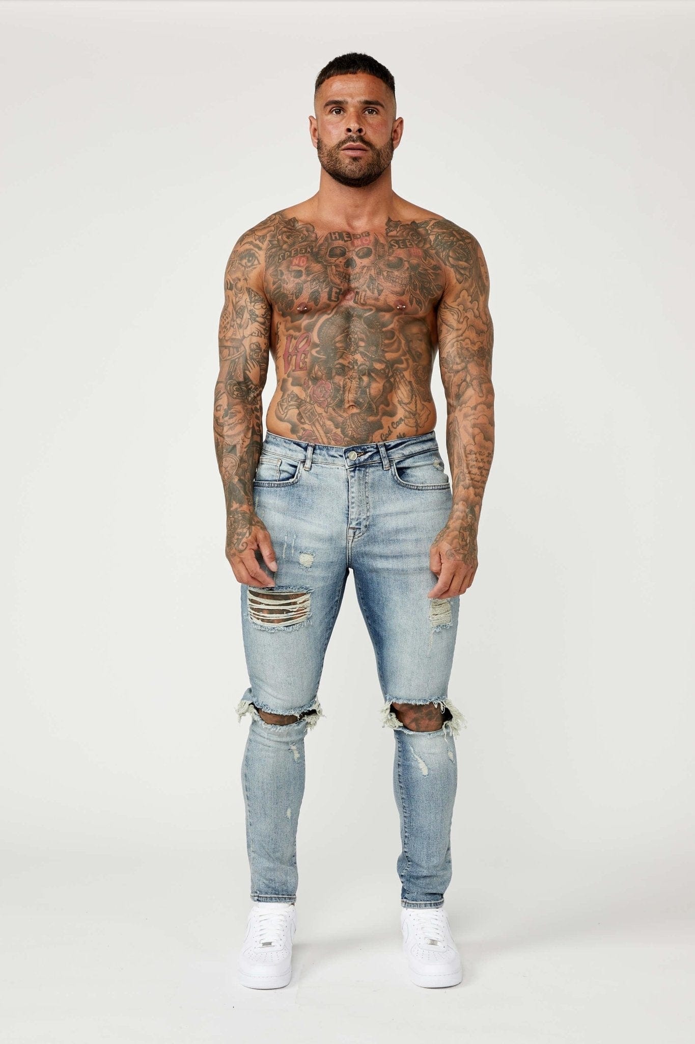 Legend London Jeans SKINNY FIT JEANS - MID BLUE RIPPED &amp; REPAIRED