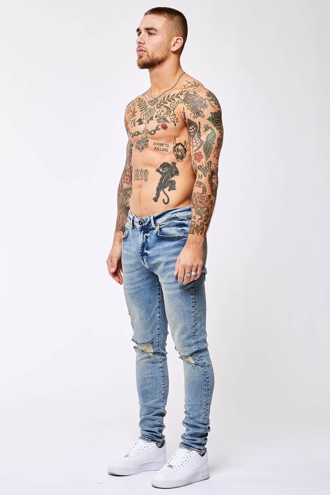 Legend London Jeans SKINNY FIT JEANS - VINTAGE BLUE RIPPED KNEE