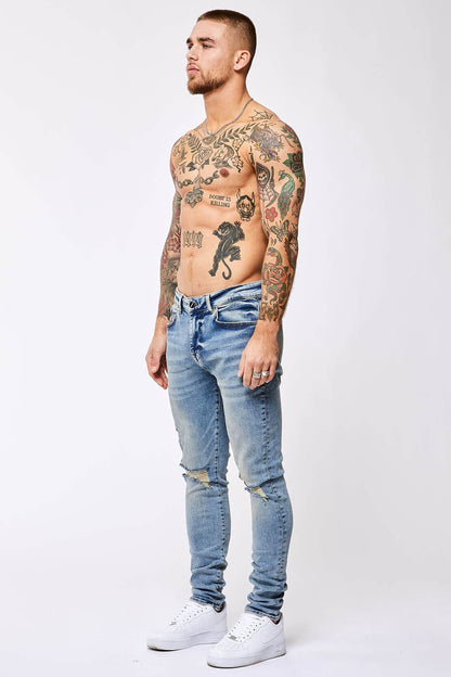 Legend London Jeans SKINNY FIT JEANS - VINTAGE BLUE RIPPED KNEE