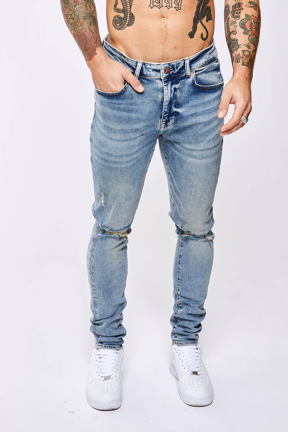 Legend London Jeans SKINNY FIT JEANS - VINTAGE BLUE RIPPED KNEE