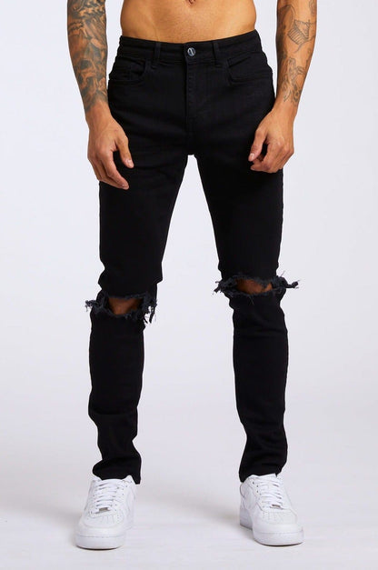 SLIM FIT JEANS 1.0 - BLACK DESTROYED KNEE – Legend London