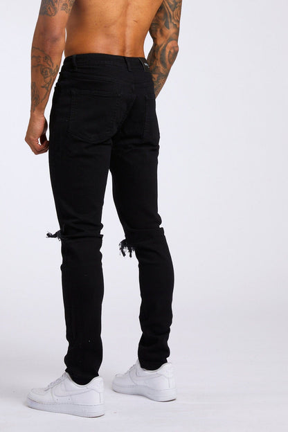 SLIM FIT JEANS 1.0 - BLACK DESTROYED KNEE – Legend London