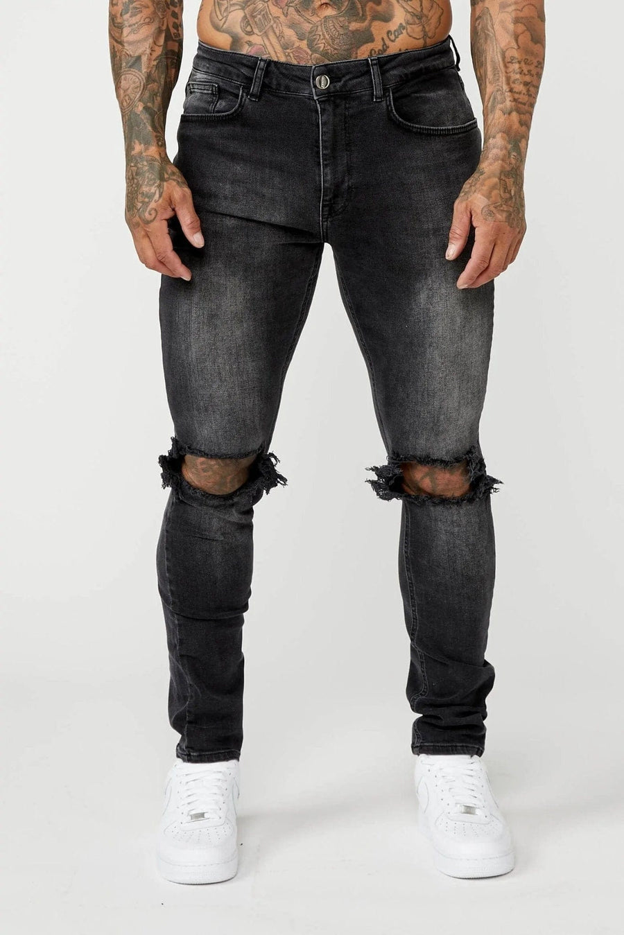 Legend London Jeans SLIM FIT JEANS - GREY WASH DESTROYED KNEE