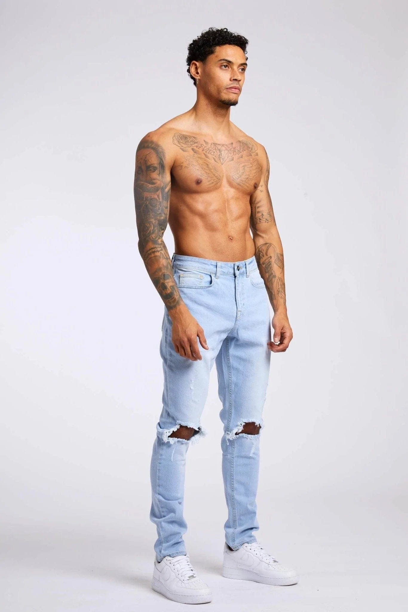 SLIM FIT JEANS 1.0 - LIGHT BLUE WASH DESTROYED KNEE – Legend London