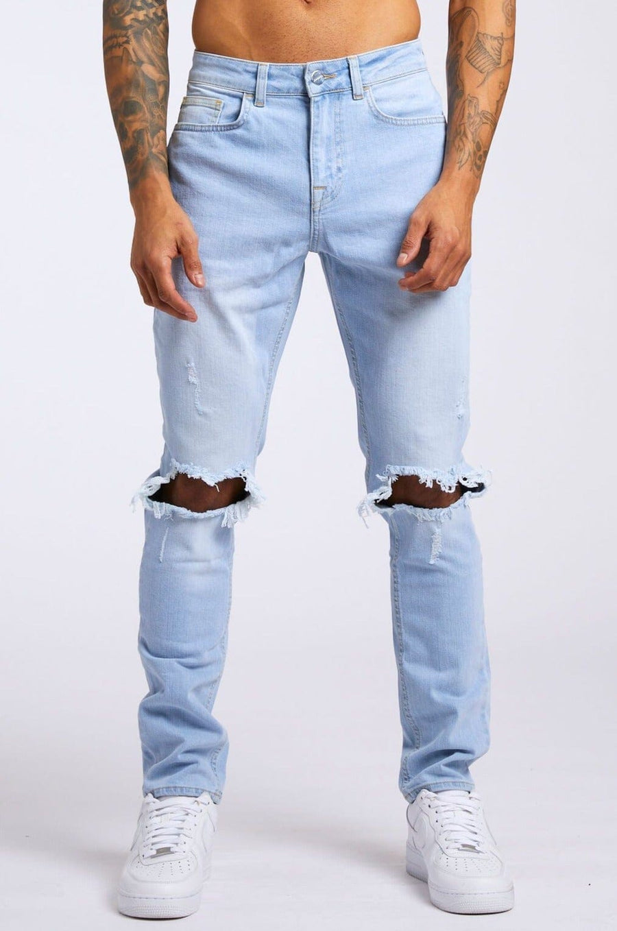 Legend London Jeans SLIM FIT JEANS - LIGHT BLUE WASH DESTROYED KNEE