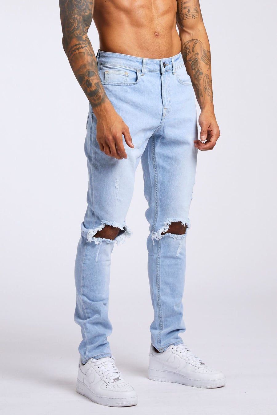 Legend London Jeans SLIM FIT JEANS - LIGHT BLUE WASH DESTROYED KNEE