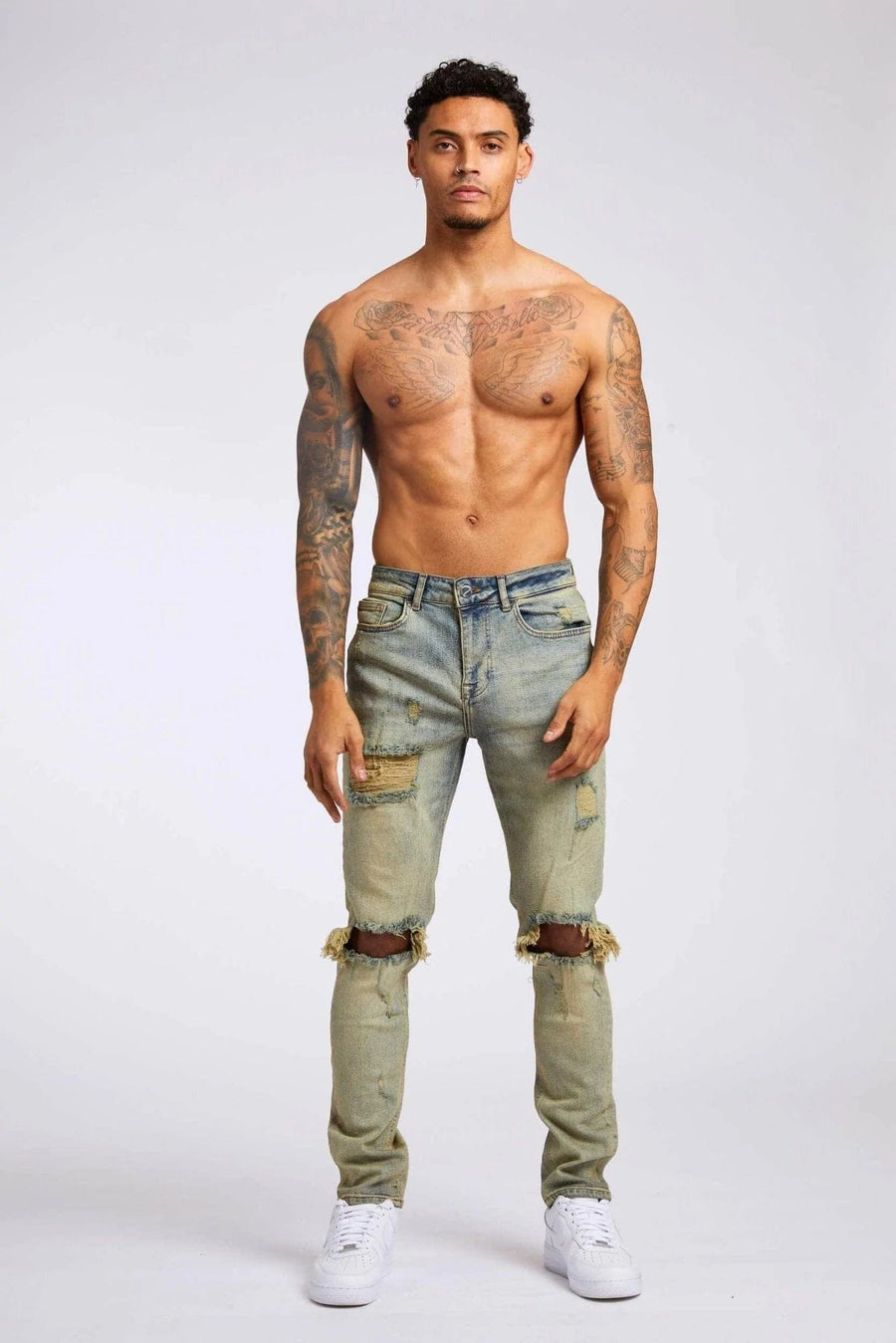 Legend London Jeans SLIM FIT JEANS - VINTAGE STONE WASH RIPPED & REPAIRED