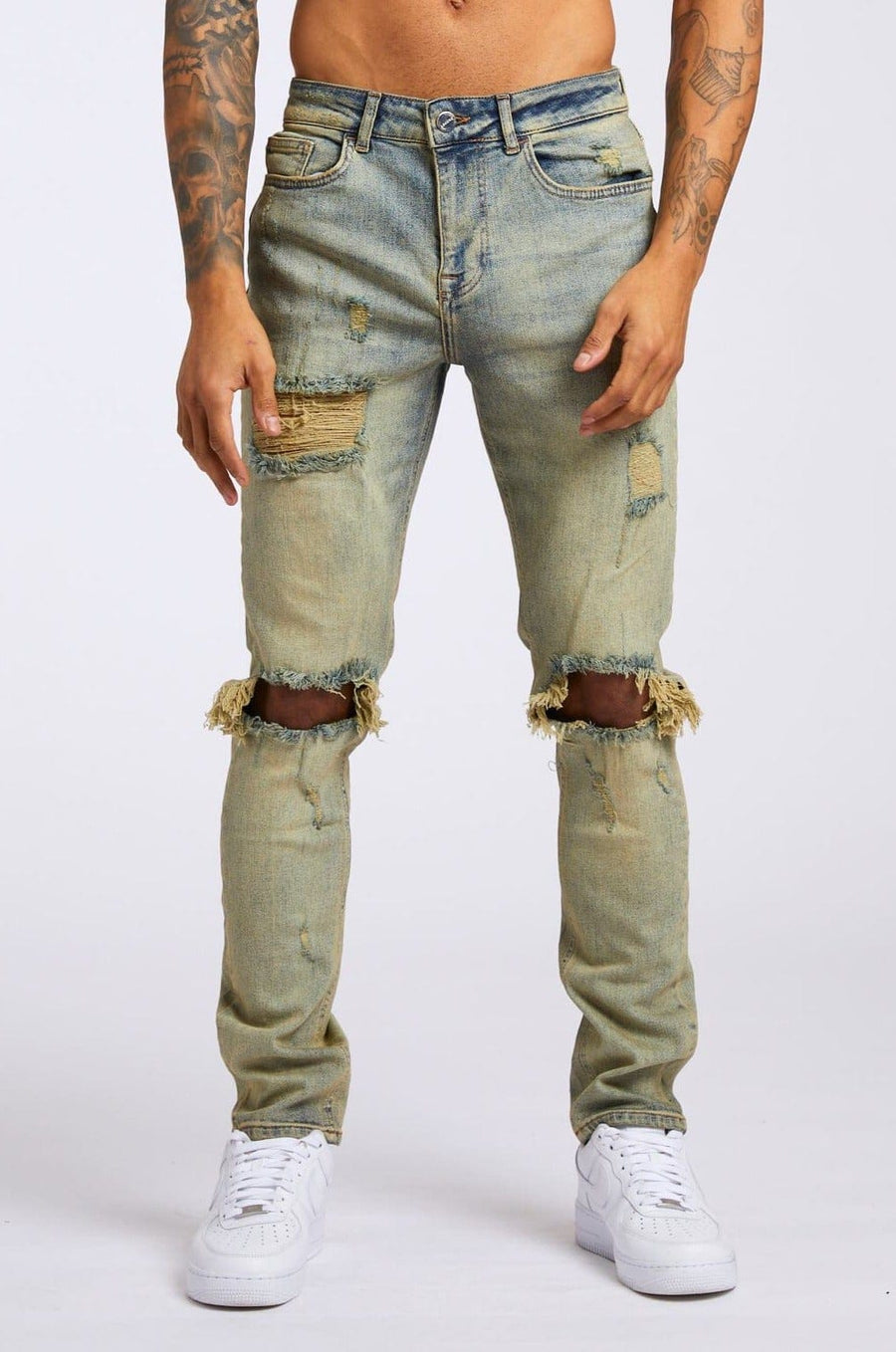 Legend London Jeans SLIM FIT JEANS - VINTAGE STONE WASH RIPPED & REPAIRED