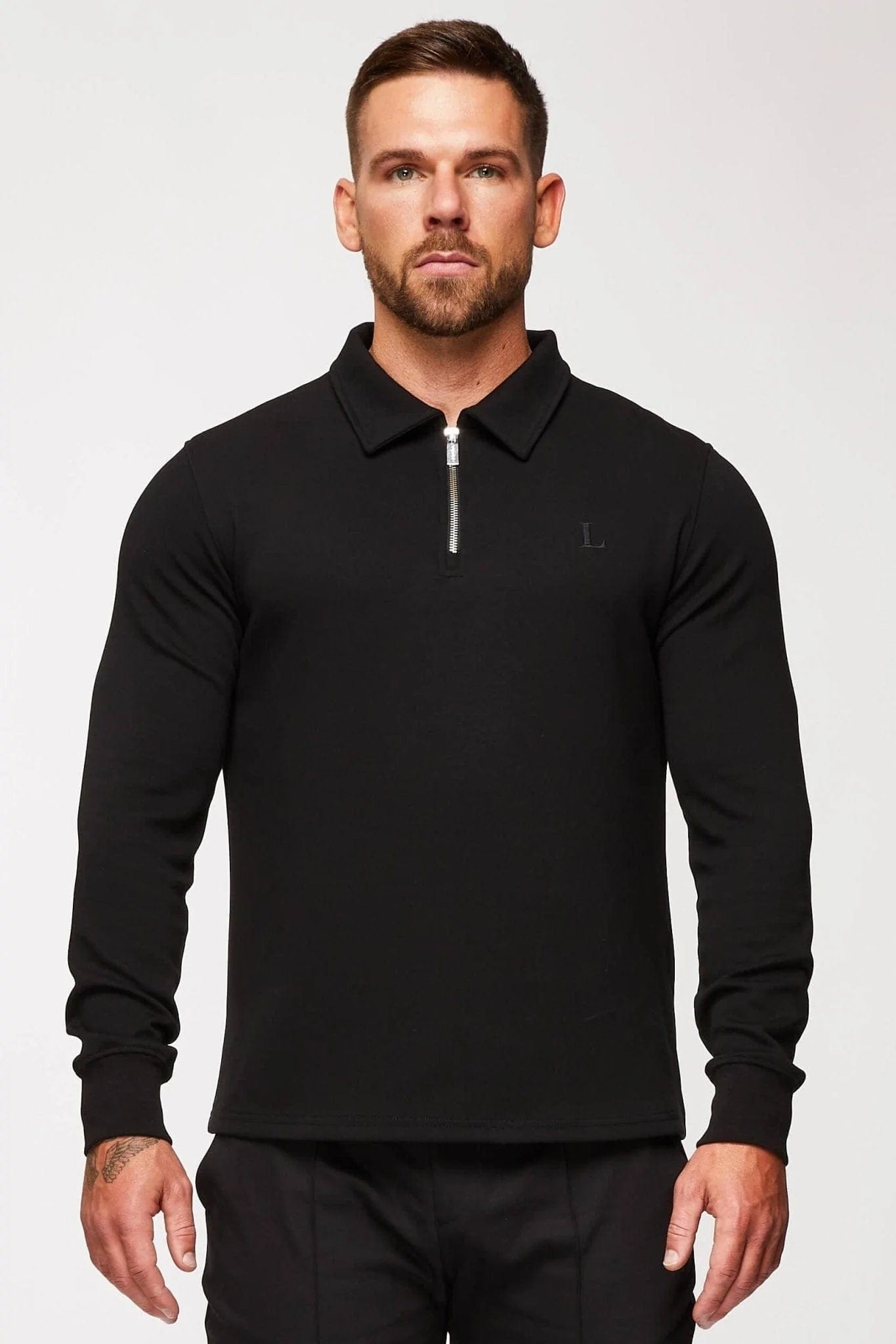 Legend London Polo CORE POLO SHIRT QUARTER ZIP LONG SLEEVE - BLACK