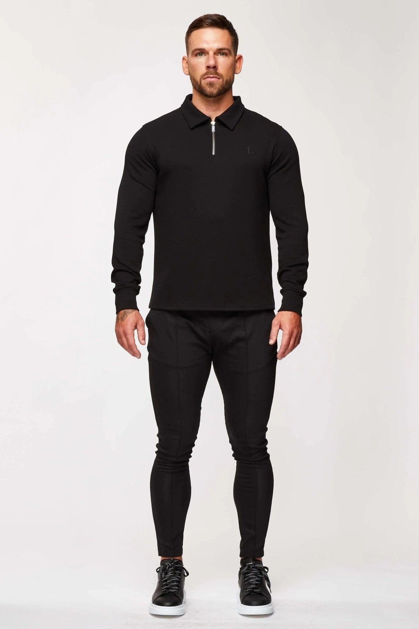 Legend London Polo CORE POLO SHIRT QUARTER ZIP LONG SLEEVE - BLACK