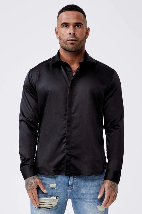 Legend London Shirts Long Sleeve Satin Shirt – Black