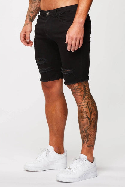 Legend London Shorts Black Denim Shorts - Ripped &amp; Repaired