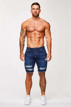 Legend London korte donkerblauwe denimshorts - gescheurd en gerepareerd