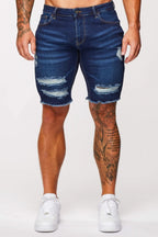 Legend London korte donkerblauwe denimshorts - gescheurd en gerepareerd