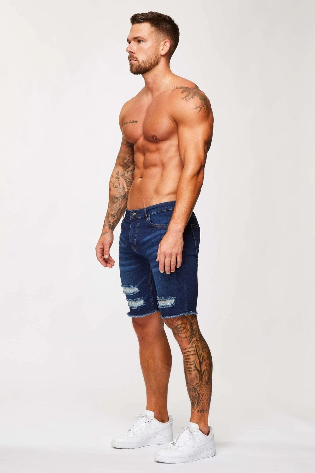 Legend London korte donkerblauwe denimshorts - gescheurd en gerepareerd