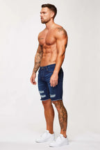 Legend London korte donkerblauwe denimshorts - gescheurd en gerepareerd