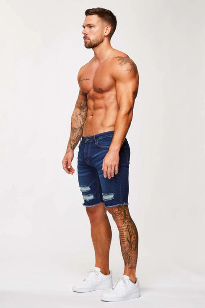 Legend London Shorts Dark Blue Denim Shorts - Ripped &amp; Repaired