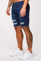 Legend London korte donkerblauwe denimshorts - gescheurd en gerepareerd