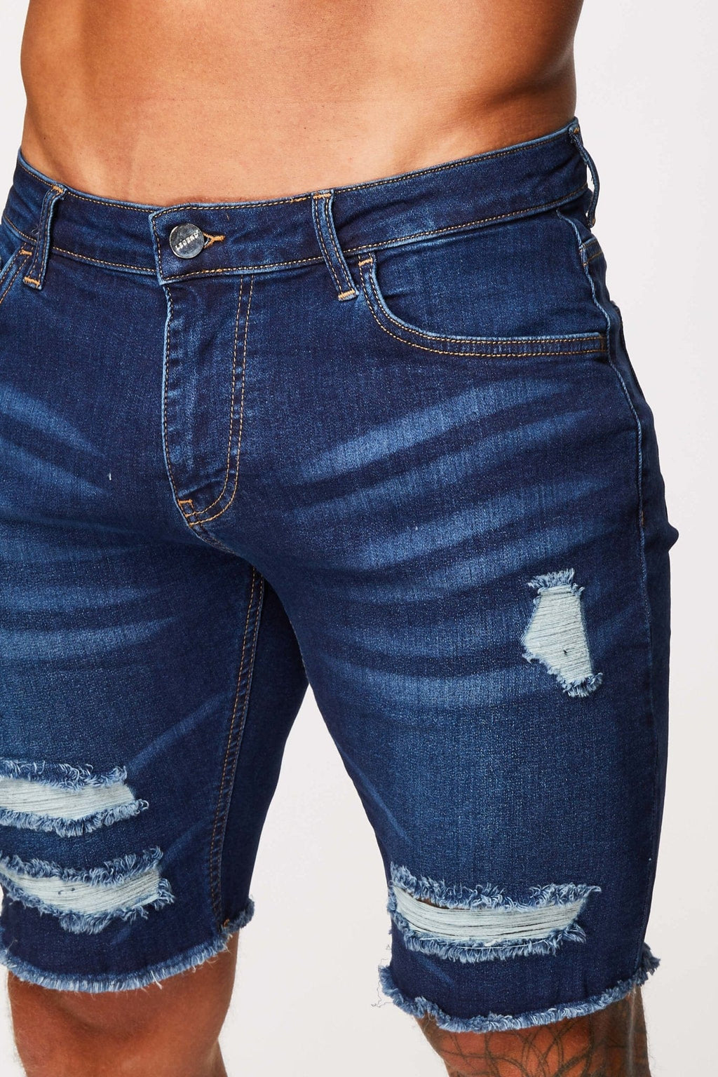 Legend London korte donkerblauwe denimshorts - gescheurd en gerepareerd