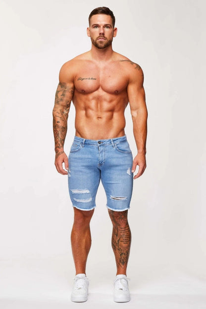 Legend London Shorts Light Blue Denim Shorts - Ripped &amp; Repaired