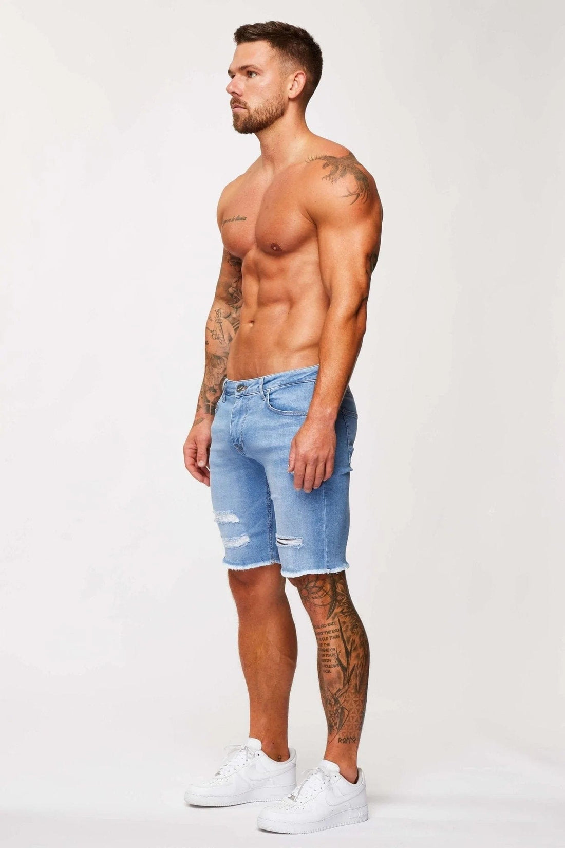 Legend London Shorts Light Blue Denim Shorts - Ripped & Repaired