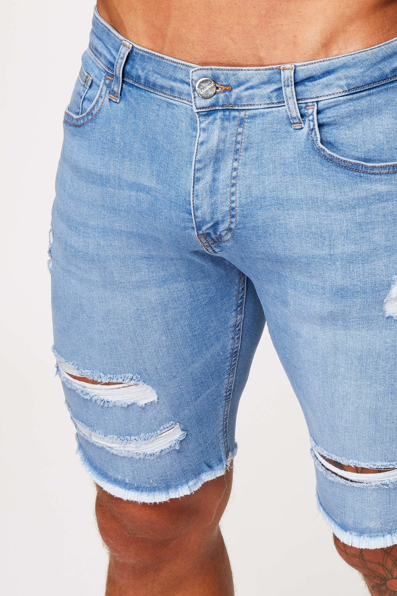 Legend London Shorts Light Blue Denim Shorts - Ripped &amp; Repaired