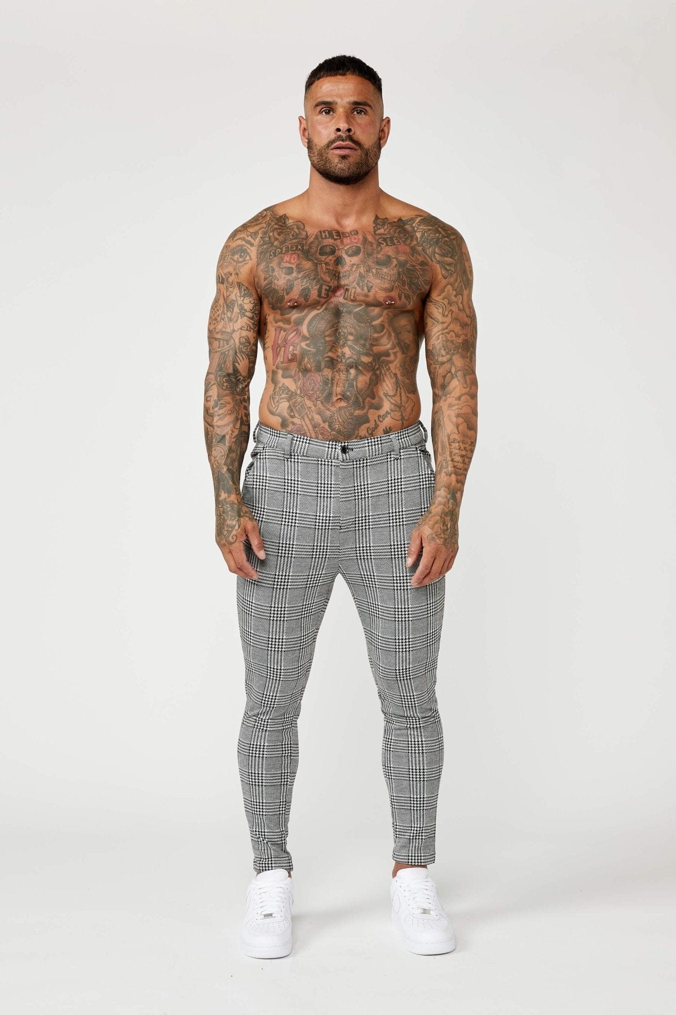 Men's Slate Grey Check Stretch Formal Trousers | Double TWO