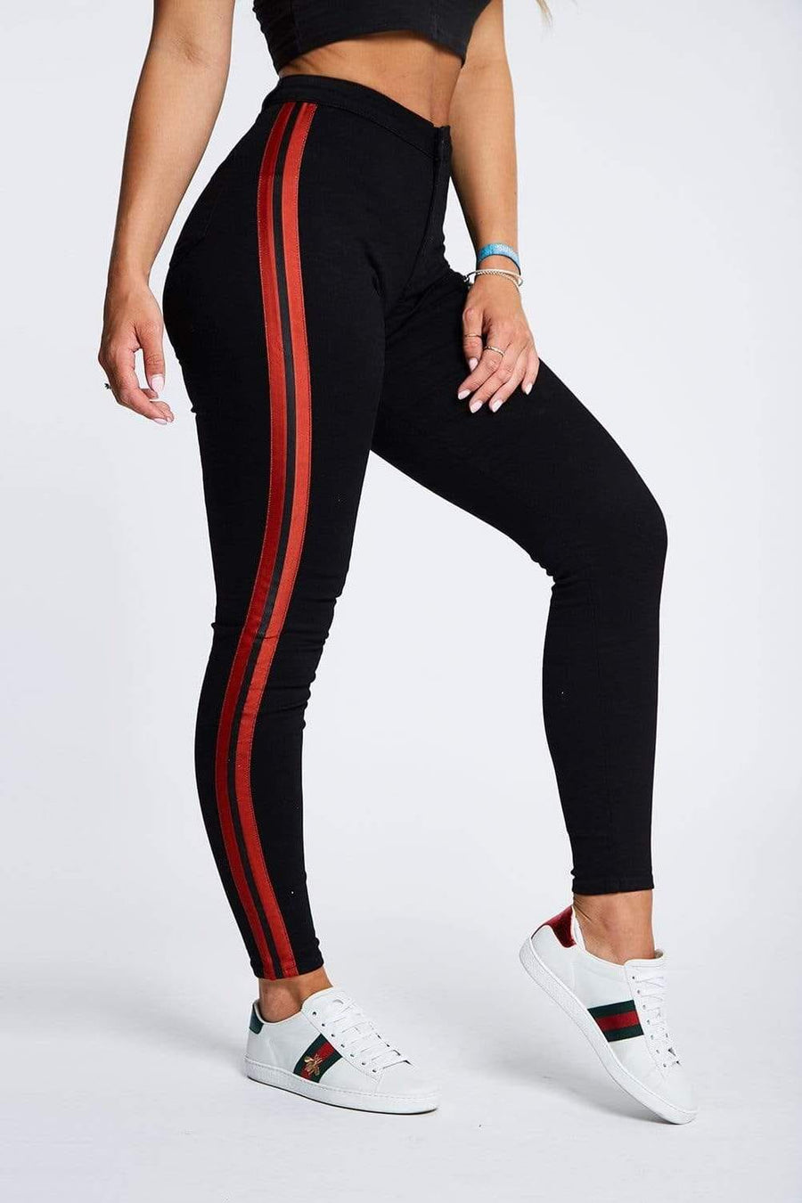Legend London Women's Jeans Black - Red Striped Jeans