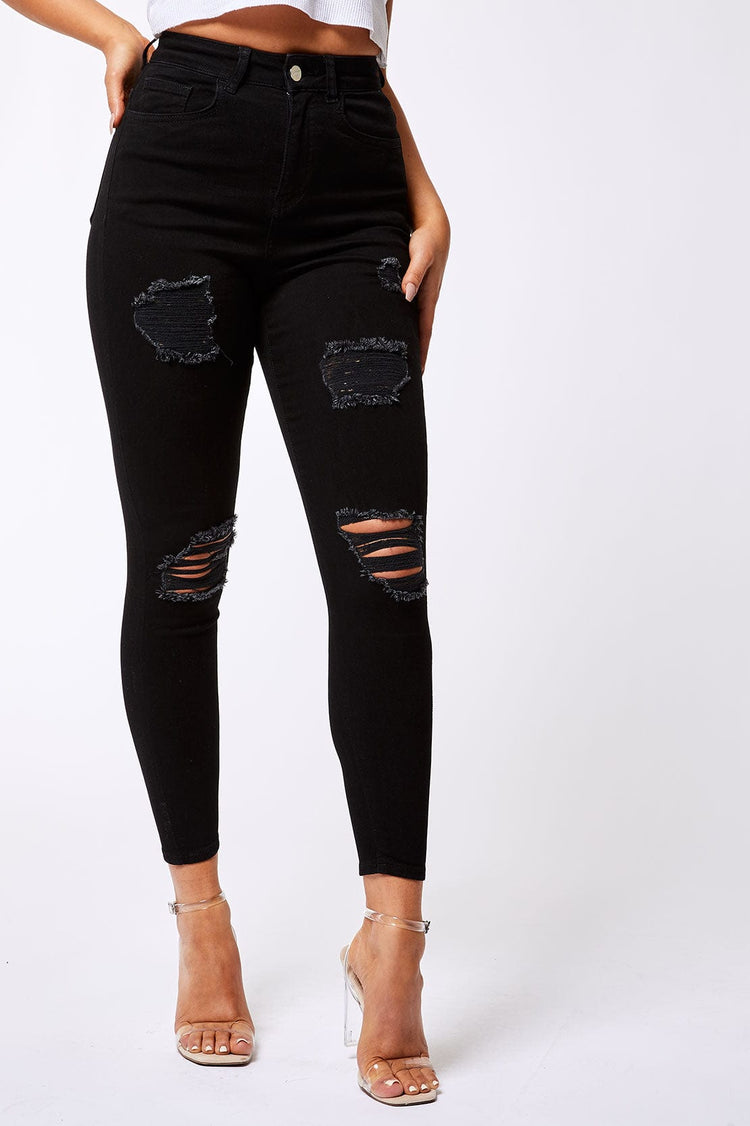 SKINNY JEANS RIPPED & REPAIRED - BLACK – Legend London